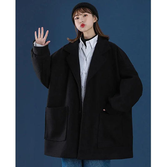 Fashion Lapel Mid-length Winter Women's Woolen Coat Classic Parker Style Solid Color Coat  Button Coat