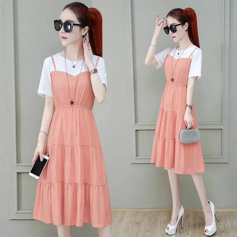 Women Vintage High Waist Round Neck Holiday Splicing Dress Elegant Slim Pleated Short Sleeve Casual Dress