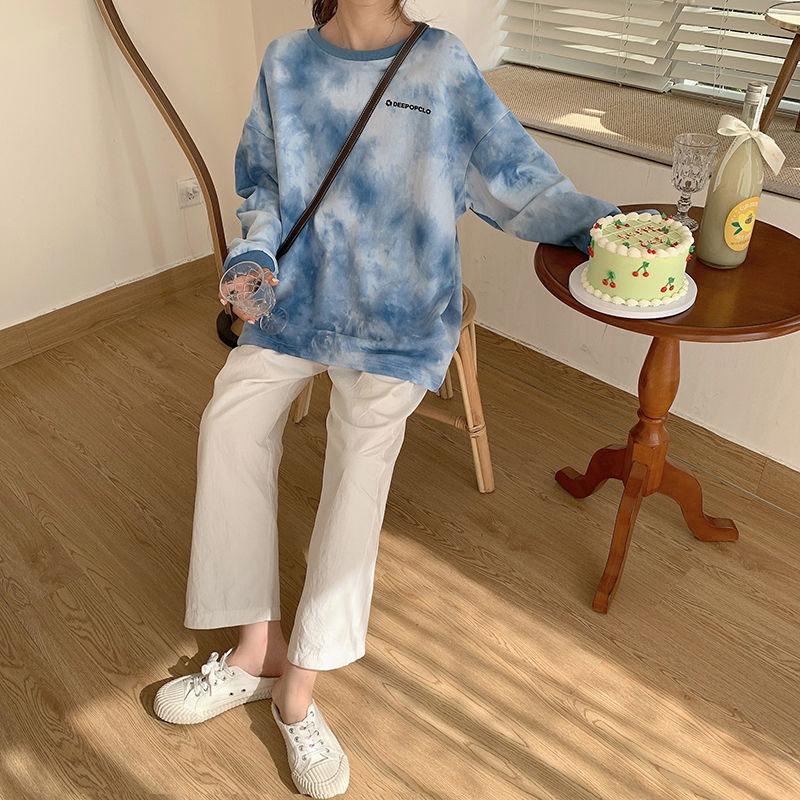 Spring  Autumn Thin Casual Long-sleeved Letter Printing Pullover Sweatshirt Tops Ladies O- Neck Tie-dye Hoodies