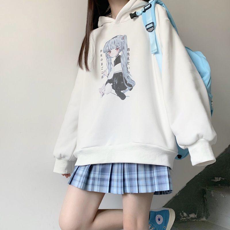 Anime Hoodies Japanese Oversized Loose Harajuku Sweatshirts Thick Fleece Fall Winter Pullovers Top Clothes Black Plus Size Fashion Streetwear Coat