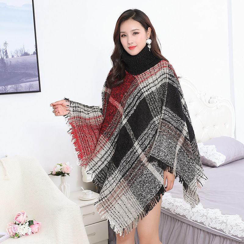 Women Turtleneck Striped Shawl Sweater Chic Tassels Batwing Cape Knitwear Outwear Ponchos