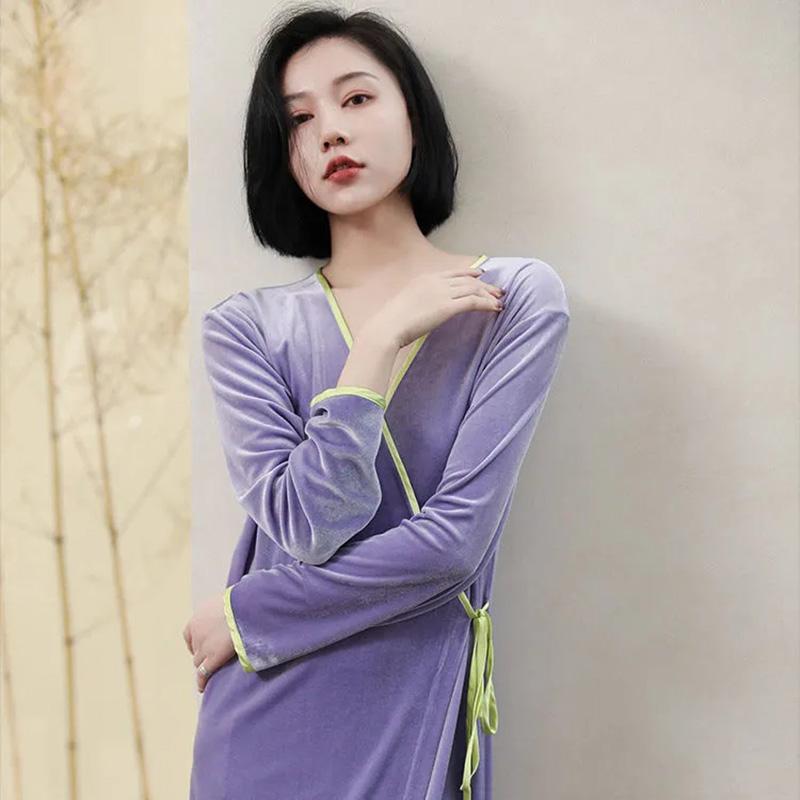 Women's Elegant Gold Velvet Long-sleeved Pajamas Japanese Kimono Nightdress Autumn Spring Nightgown Simple Loose Solid Color Robe