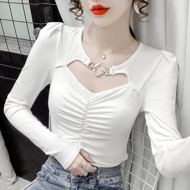 Women's Spring and Autumn Solid Color T-shirt Slim Long Sleeve Top