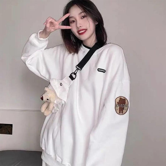 Little Bear White Sweater Female Spring and Autumn Thin Round Neck Loose Middle School Student Jacket + Bag