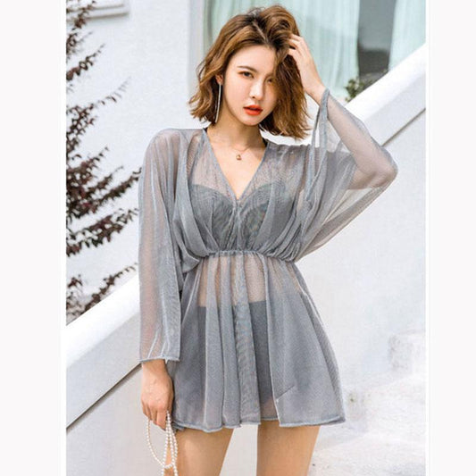 Women's Swimsuit Three-piece Set Bikini Separate Sexy Cover Belly Thin Conservative Swimsuit Korean Ins Style Camisole Top Pleated Shorts Sheer Blouse