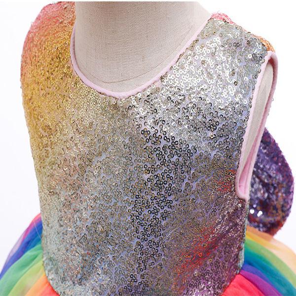 Girls Princess Dress Bowknot Evening Dress Rainbow Sequined Skirt Performance Costume Fluffy Mesh Dress