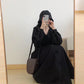 Black Corduroy Dress Female Autumn Winter Retro Long-sleeved Long Section Knee-length Temperament V-neck Black Dress
