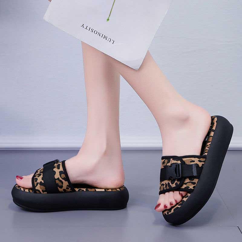 Size35-40 Summer Women Slippers Bohemian Beach Wear-resistant Slippers Wedge Platform Leopard Print Sandals Outdoor High Heels