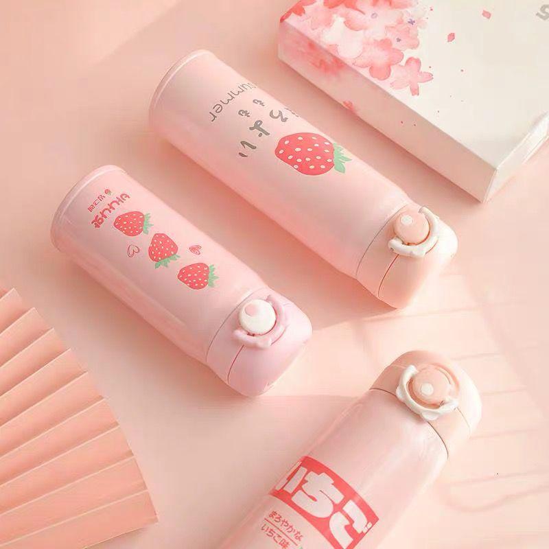 350/500ml Stainless Steel Thermos Coffee Tea Milk Travel Mug Gift Cute Water Bottle Cartoon Strawberry Insulated Vacuum Flask