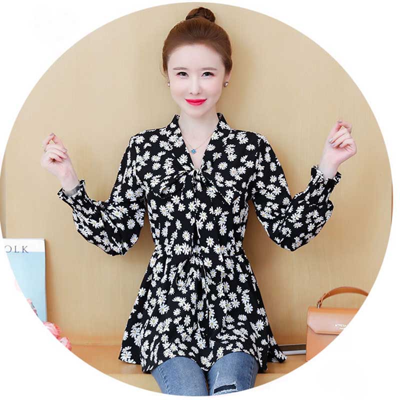 Large Size Chiffon Shirt Women's Spring and Autumn Waist Mid-length Small Daisy Long-sleeved Shirt Top
