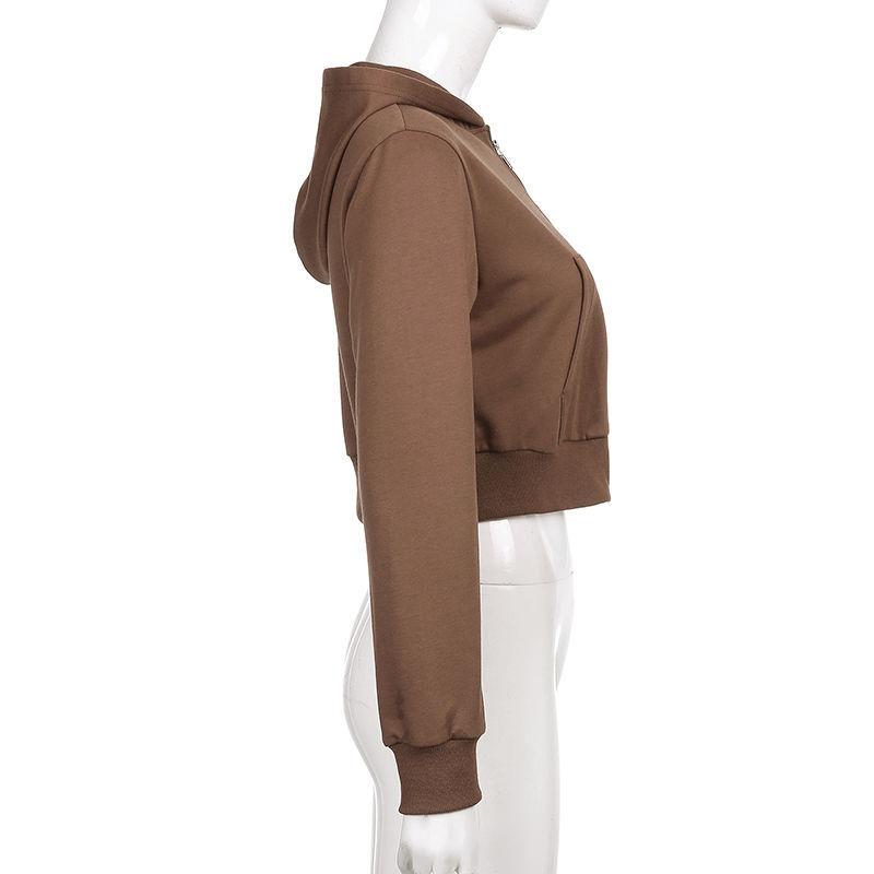 Brown Zip Hooded Sweatshirt Jacket Top Oversized Hoodie Retro Pocket Woman Clothes Long Sleeve Pullover