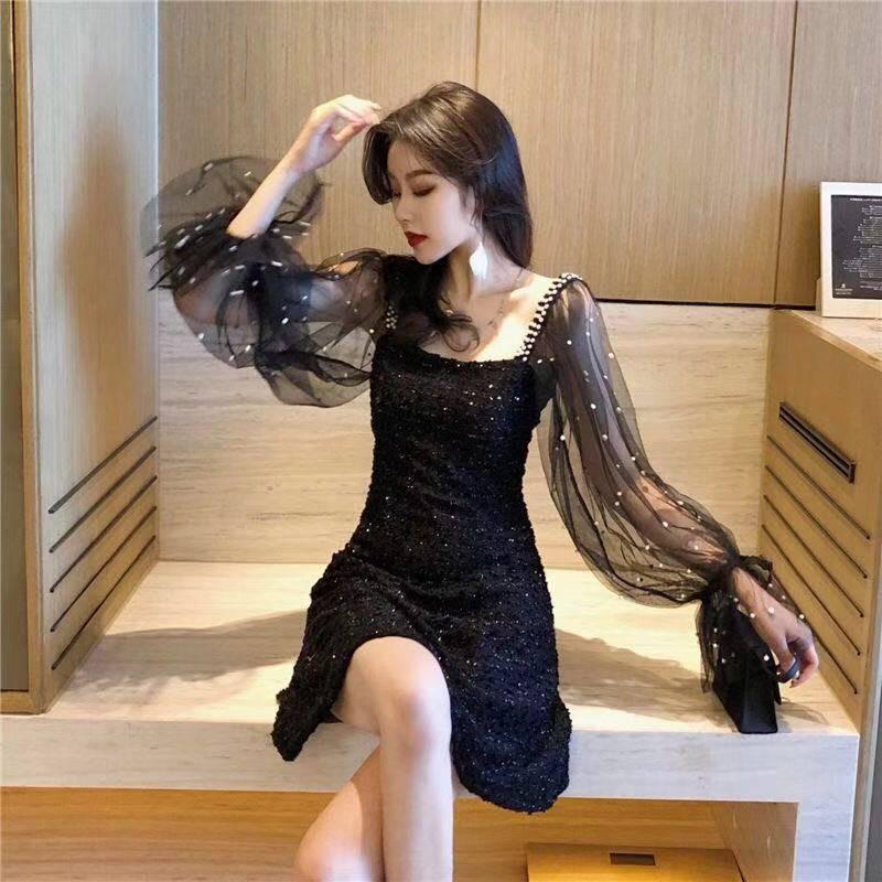 Spring Women's Temperament Mid-length Mesh Gauze Stitching Long Sleeves Waist Slimming Dress