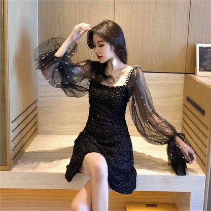 Spring Women's Temperament Mid-length Mesh Gauze Stitching Long Sleeves Waist Slimming Dress