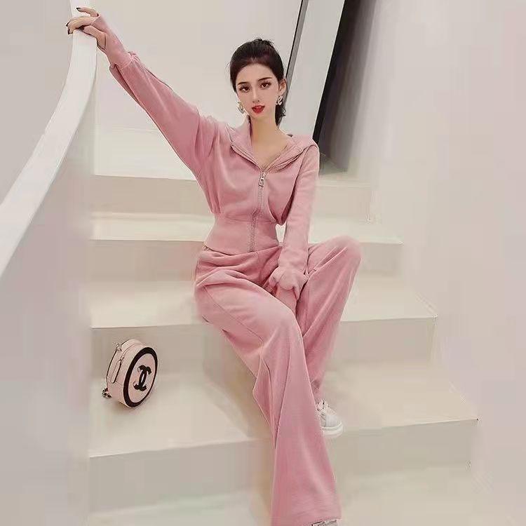 Sports Sweater Suit Women's Autumn Hooded Cardigan Coat Wide Leg Pants Two-piece Sports Sweater Jogging Trousers Casual Suit