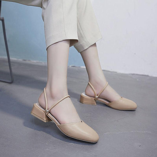 V Mouth Square Toe Sandals Thick Heel Single Shoes Wild Mid-heel Sandals High Heels Women Retro Thick Heel Leather Shoes Women