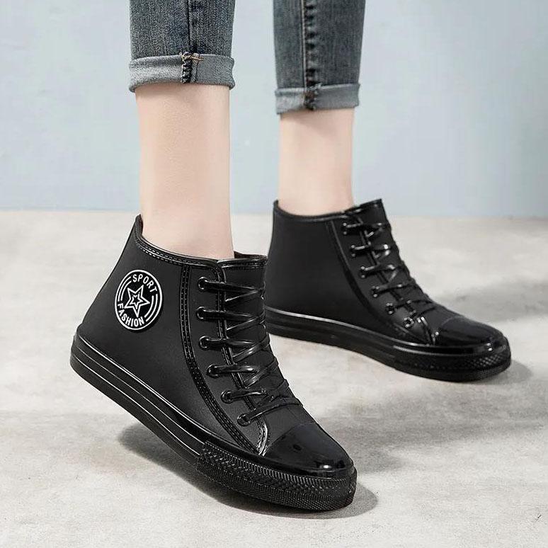 Women's Spring and Autumn Rain Boots Female Large Size Solid Color Flat Waterproof Working Rain Shoes