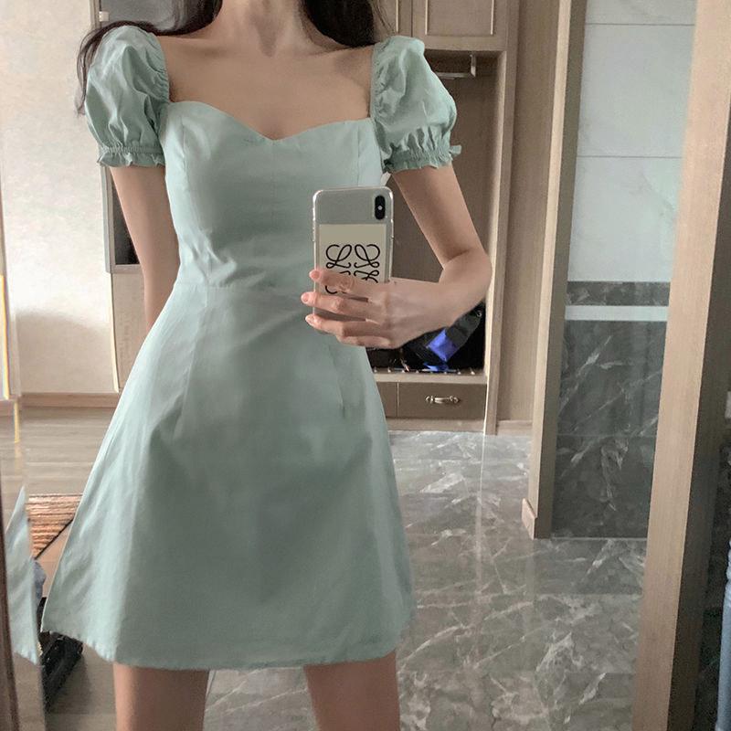 Mint Green French Square Collar Simple Waist Waist Thin Elegant Puff Sleeve A-line Dress Dress Women