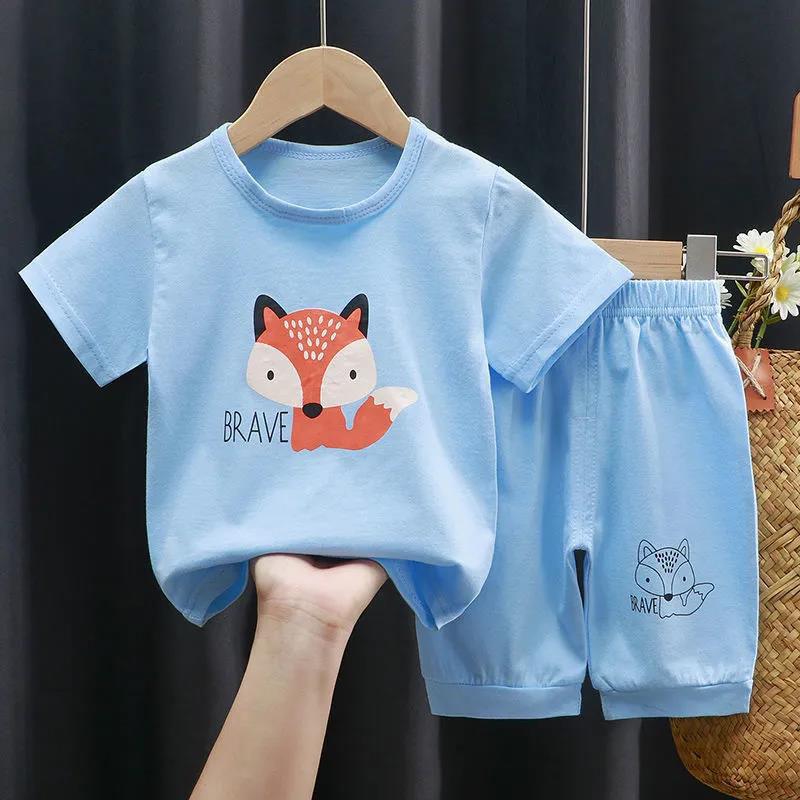 Cartoon Cotton Short-sleeved Suit Summer Children's Half-sleeved Shorts + Round Neck Short-sleeved T-shirt Comfortable Sweat-absorbing and Breathable