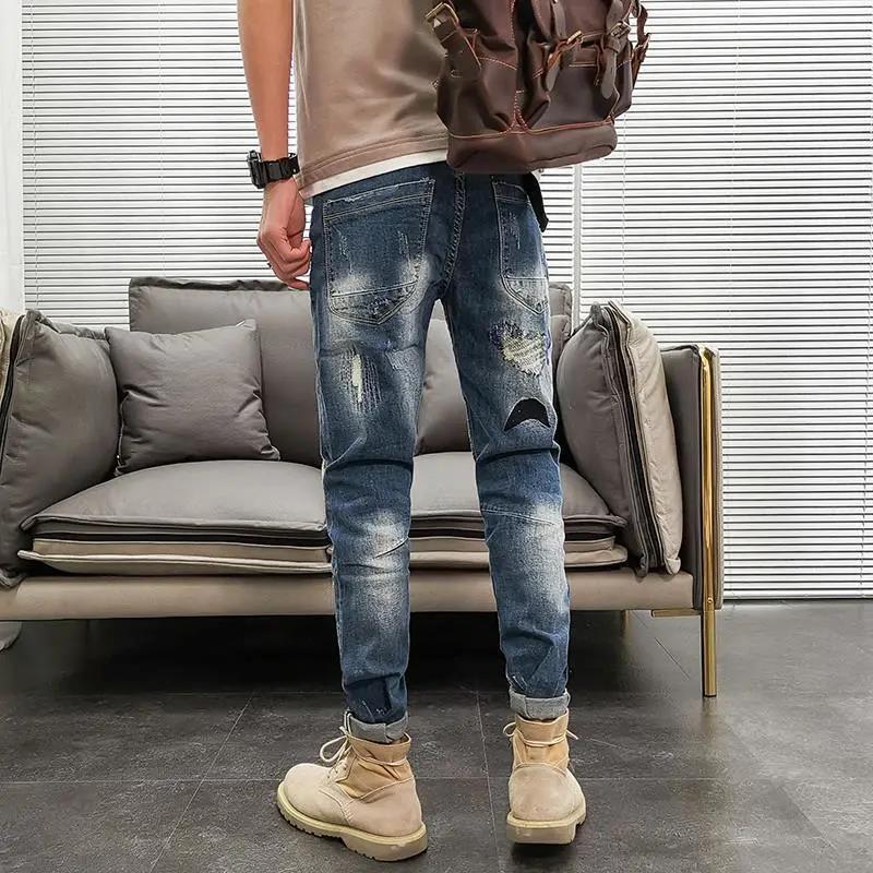 Men's Ripped Jeans Spring, Summer and Autumn Thin Section Trend Wild Embroidery Trousers Slim Pants