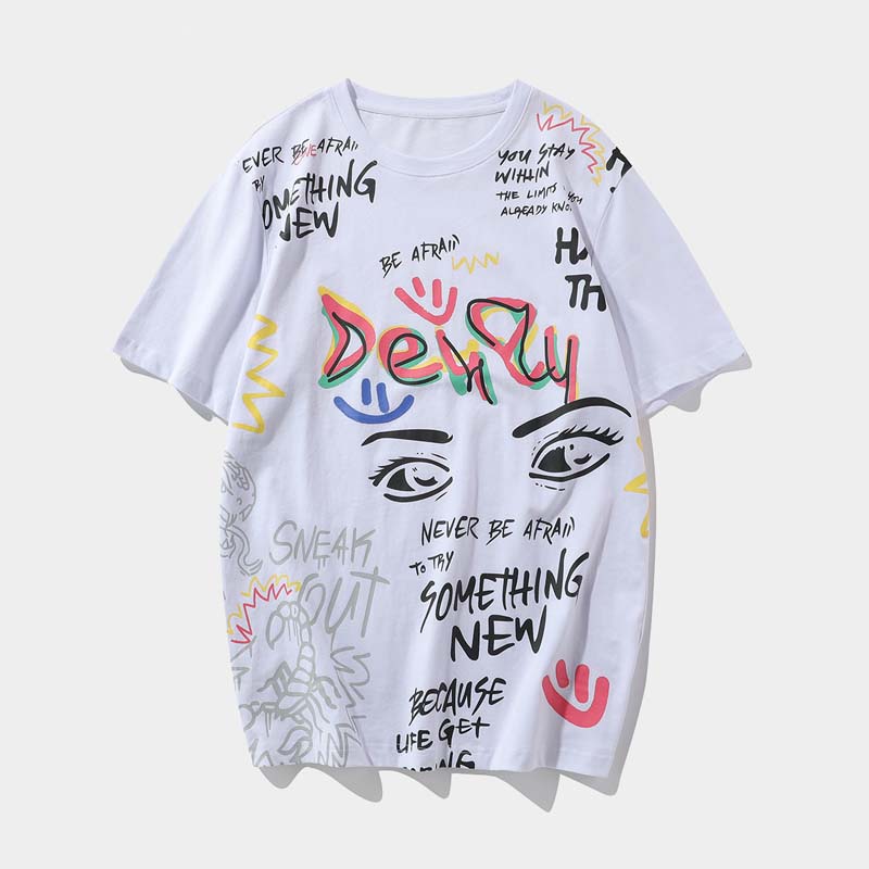 2021 Spring Men's Fashion Hand-painted Graffiti Printing Men's Loose Round Neck Short-sleeved T-shirt