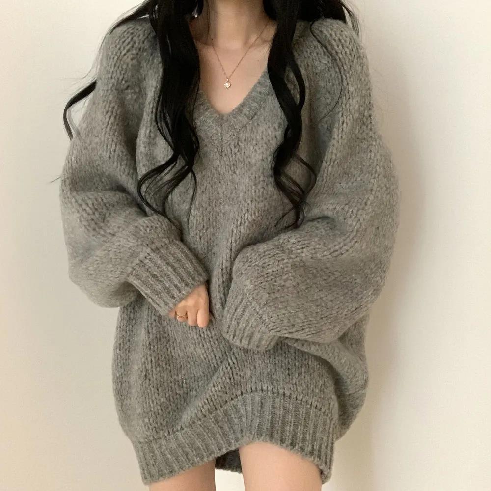 Loose V-neck Loose Sweater Women's Spring and Autumn Clothes Are Thin and Versatile Mid-length Lazy Style Sweater Sweater Top Oversizedsweater