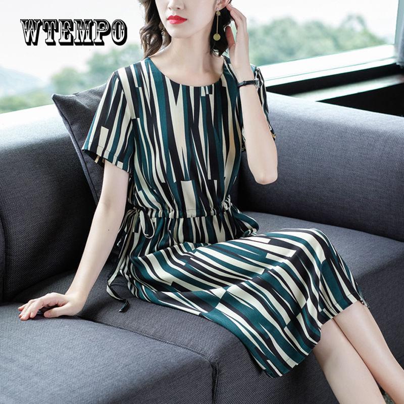 WTEMPO 2019 New Summer Fashion Waist Slim Dress Arge Size Round Neck Short -Sleeved Striped Dresses