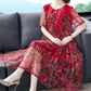 Summer Mesh Printed Short Sleeve Dress Large Size Loose Round Neck Midi Dress Women