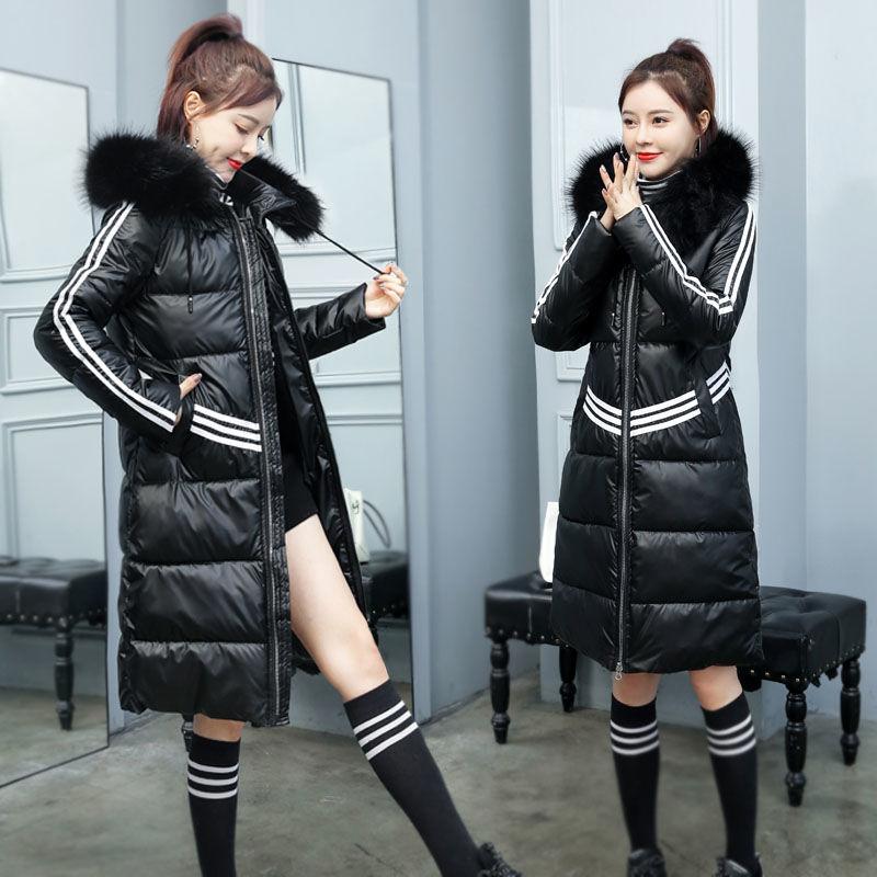 High-end Shiny Parka Jacket Winter Women's Long Slim Padded Jacket Thicken Waterproof Hooded Parka Coat with Faux Fur Collar