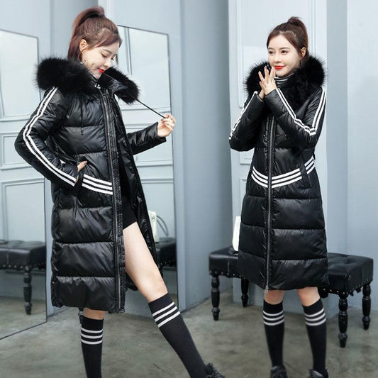 High-end Shiny Parka Jacket Winter Women's Long Slim Padded Jacket Thicken Waterproof Hooded Parka Coat with Faux Fur Collar
