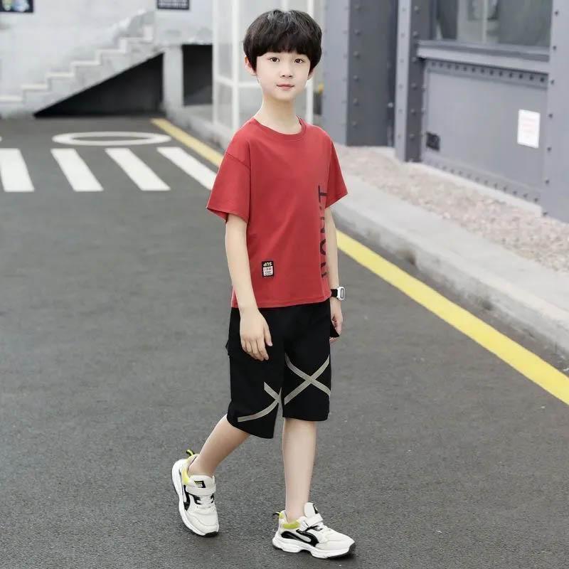 Boys Summer Cotton Soft Comfortable Sweat-absorbing Breathable Short-sleeved Shorts Suit Casual Loose Thin Clothes Two-piece Suit