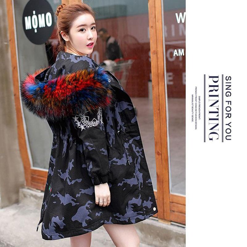Winter Coat Women Loose Large Size Plus Velvet Thick  Hooded Camouflage Parka Coat with Fur Collar