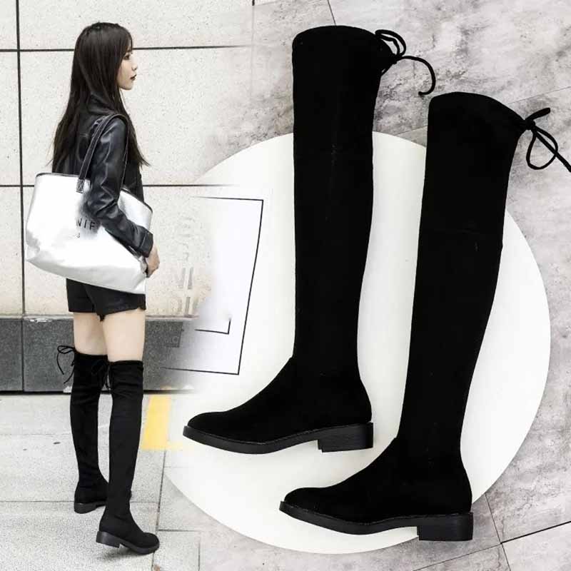 Over-the-knee Boots Women 3cm Suede Flat Bottom and Velvet Lace-up Boots High Boots Knight Boots Women Comfortable