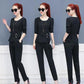 Spring and Autumn Dress Suit Women's Slim Slim Skinny Pants Temperament Two-piece Solid Color Round Neck Top + Suit Pants
