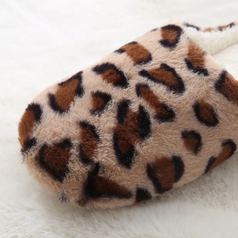 Women Autumn Winter Indoor Slippers Warm Plush Home Leopard Print Slipper Female Household Flat Floor Soft Slient Slippers for Bedroom