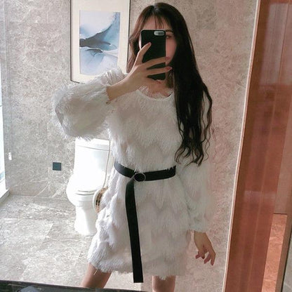 Spring and Autumn Sweet Round Neck Belt A-line Skirt Wavy Hairy Fringed Sweater Skirt Women