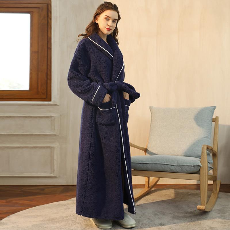 Long Pajamas for Women and Men Autumn Winter Velvet Warm Pyjamas Loose Casual Bathrobe with Belt Solid Color Long Sleeve Home Wear Plus Size Sleepwear