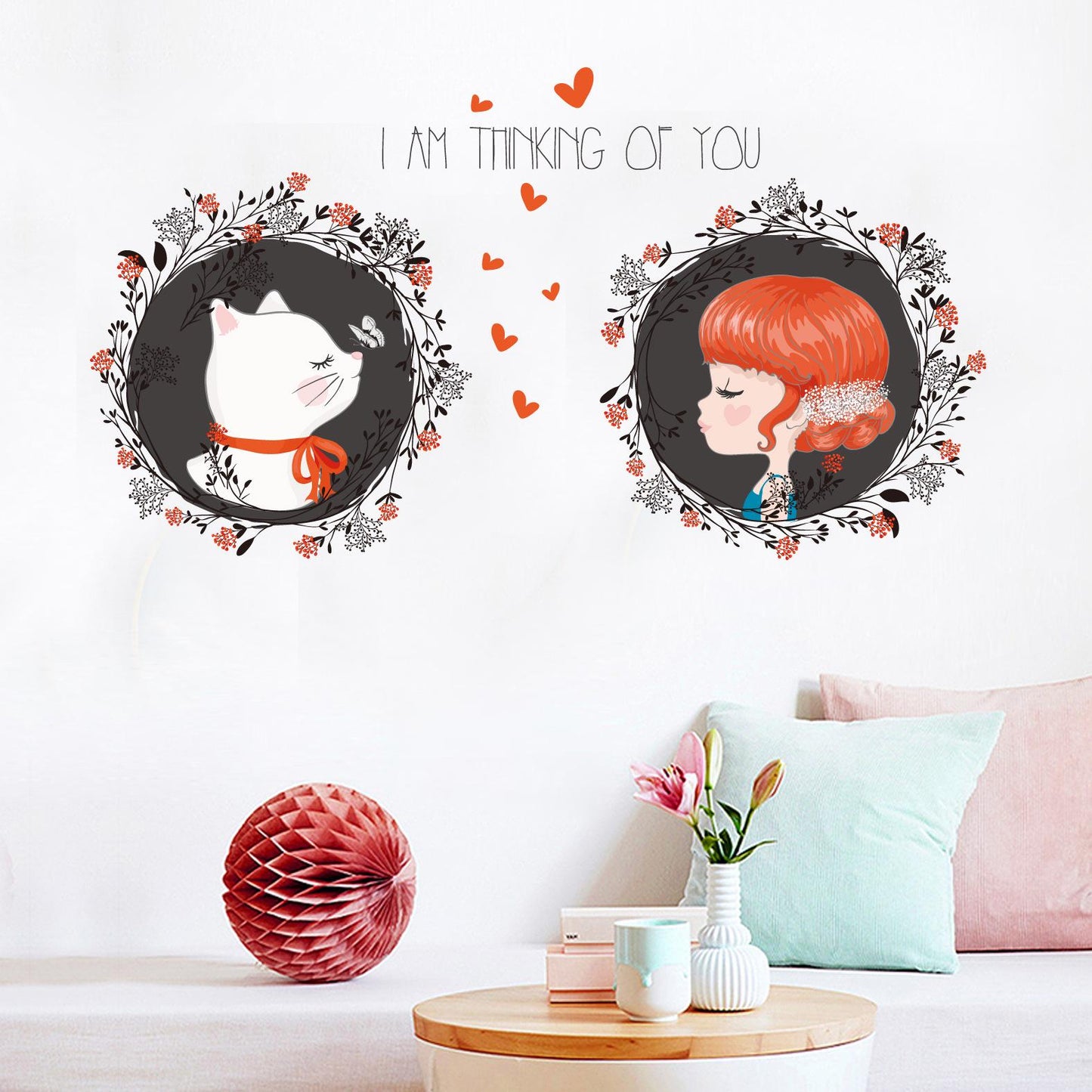 Romantic style warm love girl and cat couple room decoration wall sticker girls wallpaper