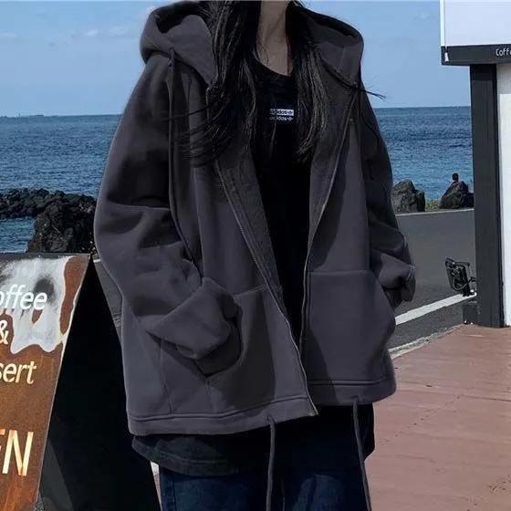 Women's Cardigan Sweater Autumn and Winter Korean Style Loose Plus Velvet Thick Zipper Hooded Coat Casual Sports Jacket