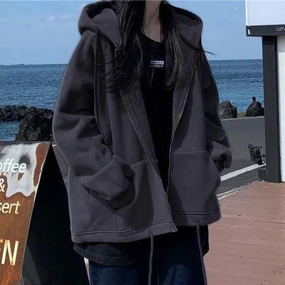 Women's Cardigan Sweater Autumn and Winter Korean Style Loose Plus Velvet Thick Zipper Hooded Coat Casual Sports Jacket