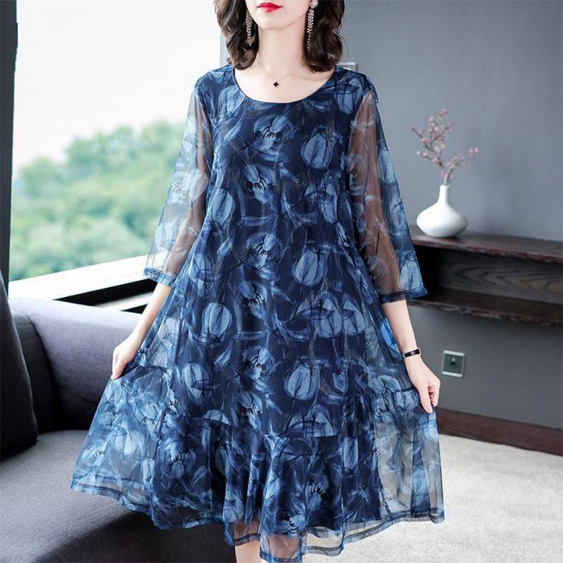 Middle-aged and Elderly Women's Clothing Is Thin and Foreign-style Mother Mesh Dress Printing Plus Fat Plus Size Skirt
