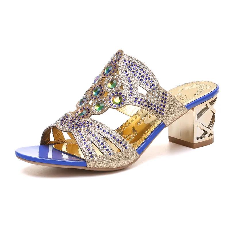 Summer Rhinestone High-heeled Slippers Ladies Sexy Outer Wear Thick-heeled Shoes