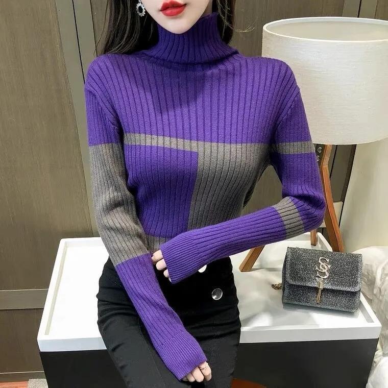 Sweater Women's Purple Turtleneck Pullover Striped Slim Knitwear Jacquard Top Trendy Sweater Autumn and Winter Y2K Jumper