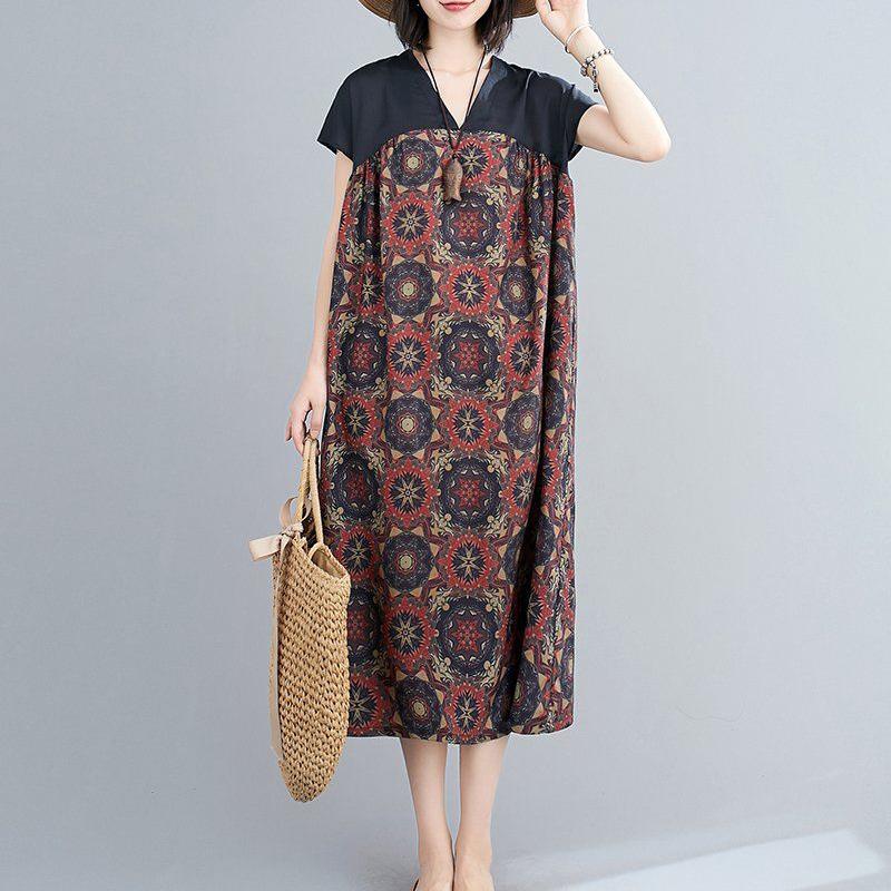 WTEMPO Ethnic Style Plus Size Ladies stitching Dress Summer V-Neck Long Dress Casual Mid-calf Length