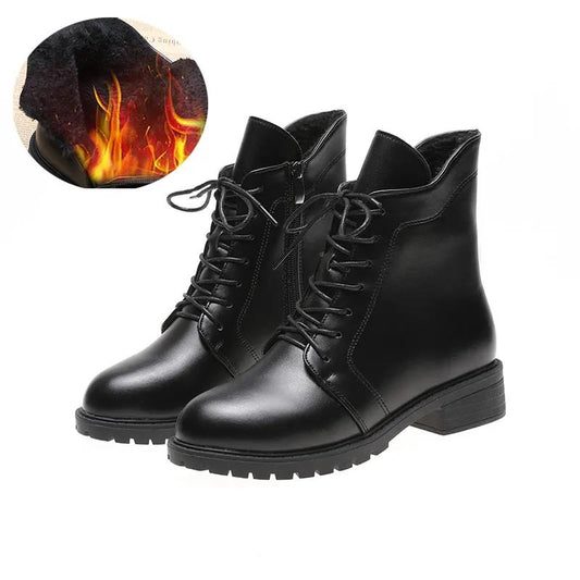 Autumn and Winter Soft Leather Lace-up Zipper Thick Heel Martin Boots Women Mid-high Heel Korean Warm and Comfortable All-match Cotton Boots