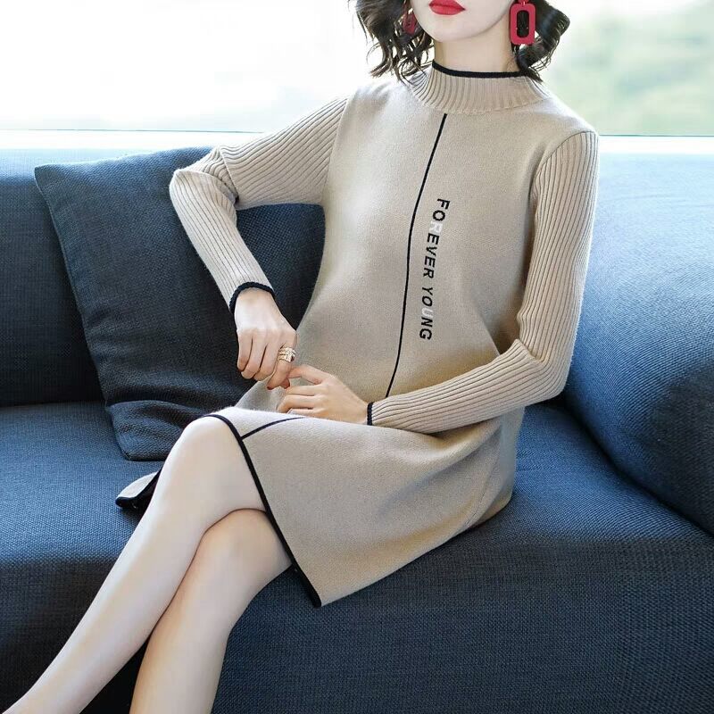 Thicken Turtleneck Sweater Dress Women's Fall/Winter Large Size Loose Letter Printed Pullover Sweater Knit Dress