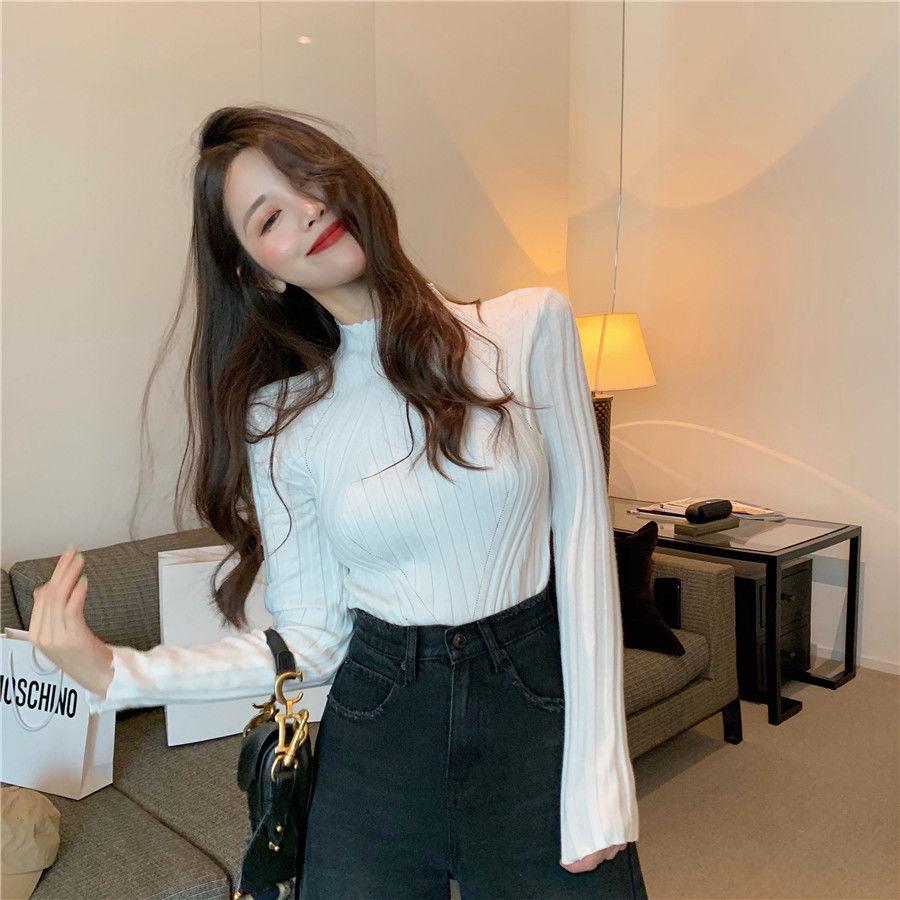Pofulove sexy slim half-high collar bottoming shirt Slim pullover long-sleeved wool sweater shirt
