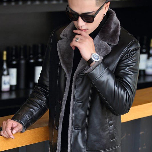 Fur One Leather Jacket Men's Lapel Short Sheep Leather Jacket Plus Velvet Thick Slim Winter Coat