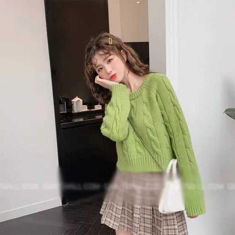 Pofulove Wind Short Sweater Female Students Loose Avocado Green Western Sweater Sweet Cute Sweater
