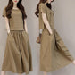 Large Size Summer Cotton Linen Short-sleeved Top+skirt Two-piece Set Solid Color Loose Pleated Skirt Casual Pocket Breathable Skirt Suit