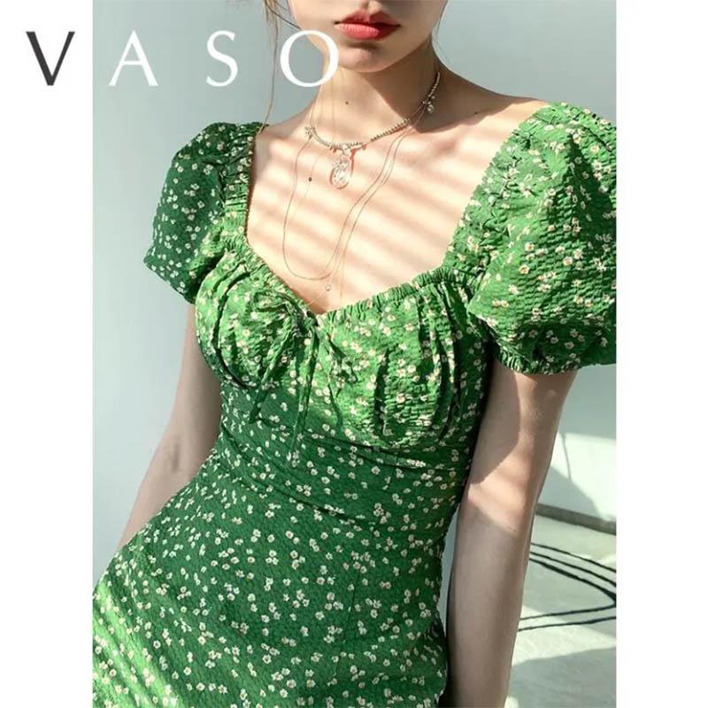 Small Sexy French Floral Dress Sweet Green Waist Skirt